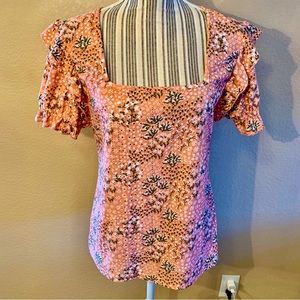 Top Lg Lt Orange Floral Pattern White Green Eyelets Short Puff Sleeves